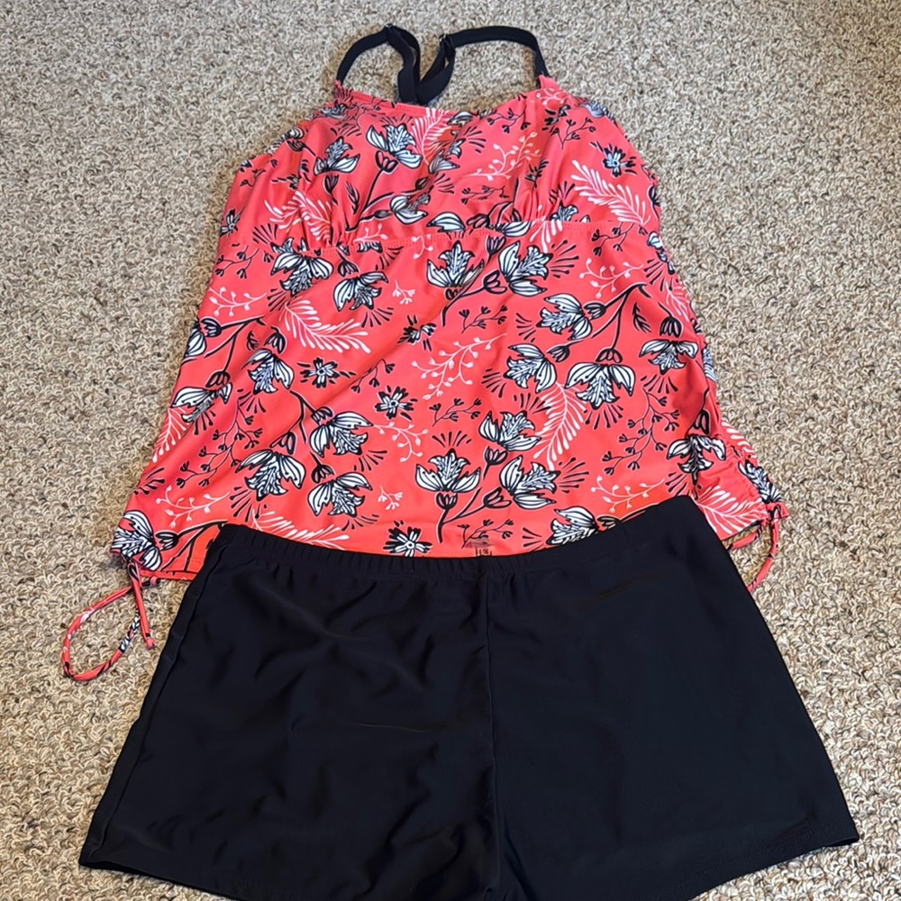 Floral Tankini Top and Black Swim Shorts